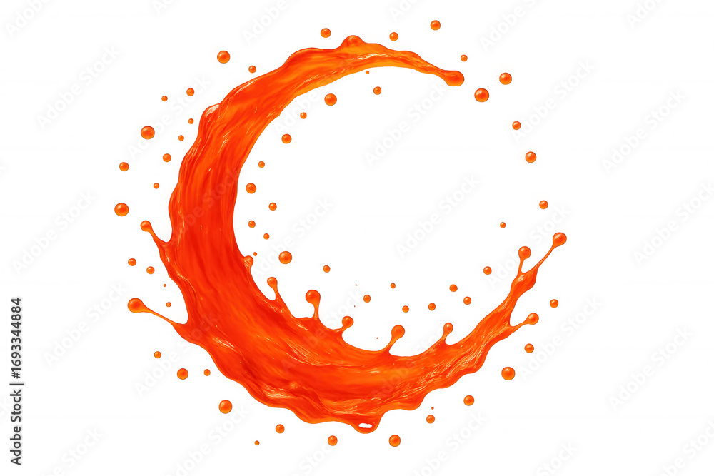 Poster orange liquid splashing and forming a circle with droplets, isolated on transparent background, idea