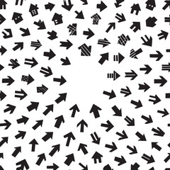 Numerous black arrows pointing inwards towards a central empty white space on a white background