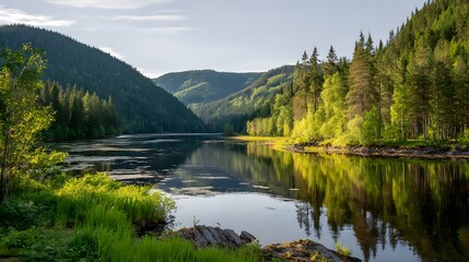 Serene lake nestled within a verdant valley, showcasing vibrant reflections of the surrounding trees and hills.