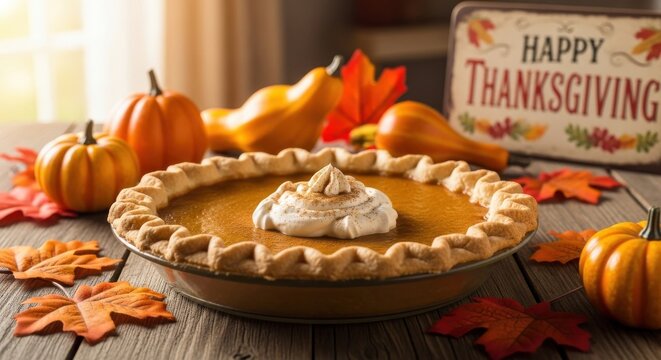 Delicious Pumpkin Pie Served on a Rustic Wooden Table for Thanksgiving Celebration