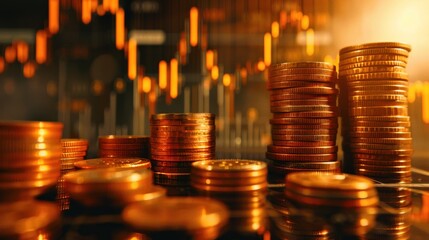 Financial Growth and Prosperity: Stacks of Coins against a Blurry Stock Market Background