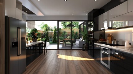 Modern Kitchen with Backyard View