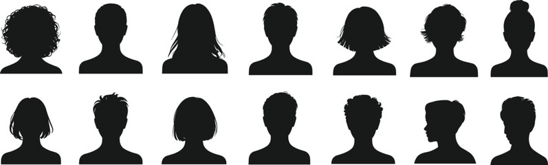 Flat vector illustration of diverse male and female head silhouettes, modern hairstyle collection, black profile icons set, isolated design.