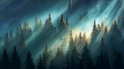 Sunlight streams through a misty forest, illuminating tall pine trees with golden rays.