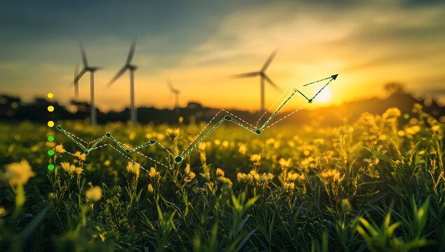 A digital graph with upward-trending lines and green arrows, overlaid showing wind turbines in the background,