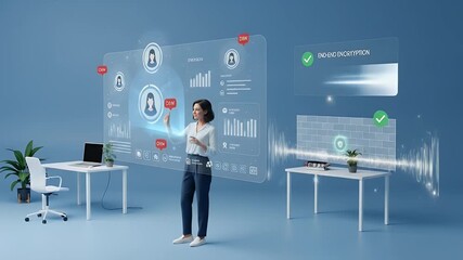 Woman interacting with a holographic display of data and profiles - Powered by Adobe