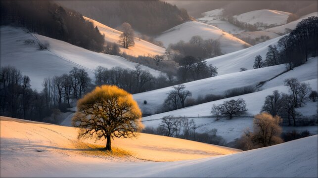 A solitary tree bathed in golden sunlight stands sentinel atop a snow-covered hill, overlooking a valley of rolling hills and frosted trees. - Powered by Adobe