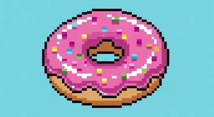 Pixelated Pink Donut with Mask Centered on Light Blue Background