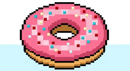 Pixelated Pink Donut with Sprinkles on Light Blue Background