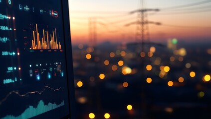 A digital display showing the power grid's data, with an energy chart and electric pylons in silhouette against city lights at dusk.