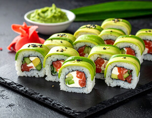 variety of freshly-made sushi rolls with salmon, sesame seeds, and avocado on a slate platte