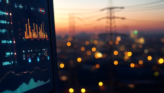 A digital display showing the power grid's data, with an energy chart and electric pylons in silhouette against city lights at dusk.