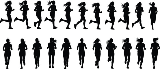 Woman running silhouette, female athlete jogging, fitness exercise sequence, jogging motion, healthy lifestyle, sports activity, dynamic movement, flat vector illustration