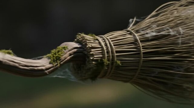 Closeup of a brooms bundle featuring bound bristles a mossy handle and faint spiderwebs set against a blurred backdrop