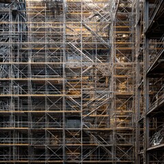 Detailed view of scaffolding showcasing complex architectural design.