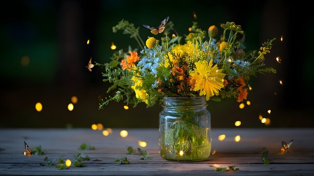 A vibrant bouquet of wildflowers in a mason jar, bathed in warm, soft light, with butterflies flitting around, creating a serene and whimsical garden scene.