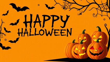 Happy halloween with carved pumpkins and flying bats