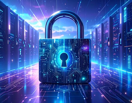 Futuristic padlock securing a server room - Powered by Adobe