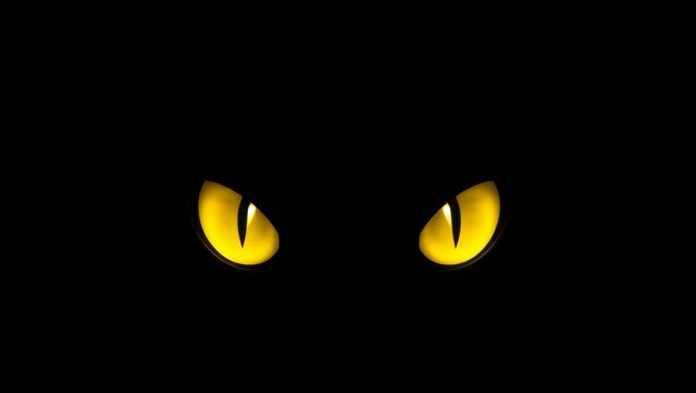 Mysterious glowing yellow cat eyes peering from the darkness