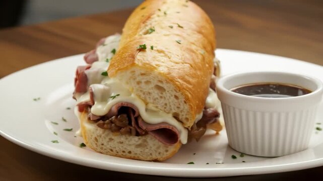 Roast beef sandwich melt with au jus dip on white plate food photography