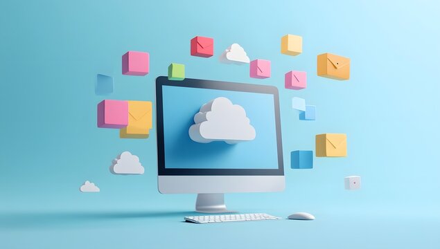 A computer monitor displays floating digital images of differently colored boxes and clouds surrounding it,