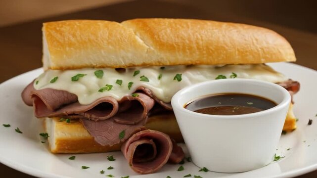 Roast beef sandwich with melted cheese and au jus dip on white plate