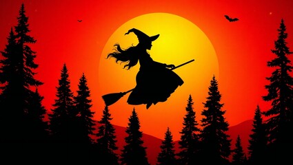 Fototapeta premium Silhouette of a witch flying on a broomstick against a large full moon