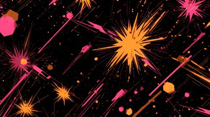 A dynamic pattern of vibrant pink and orange bursts against a dark background, featuring angular geometric shapes and splashy brushstrokes.