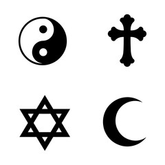 Four religious symbols in black and white including yin yang cross star of david and crescent moon icons