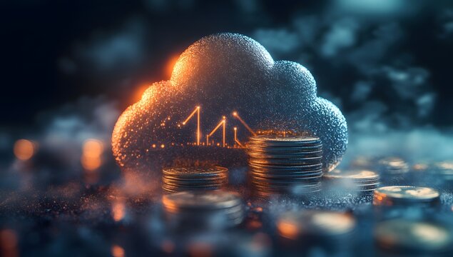 A cloud icon floating above stacks of coins, symbolizing the money flow from cloud computing services.
