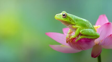 Obraz premium A vibrant green frog rests delicately on a delicate pink lotus blossom, bathed in soft natural light.