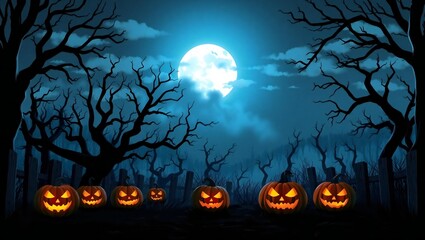 Fototapeta premium Spooky halloween night with glowing pumpkins under a full moon