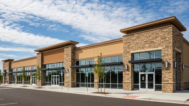Modern retail storefront with stone accents and large windows