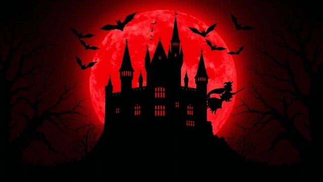 Spooky silhouette castle against a blood red moon with flying bats