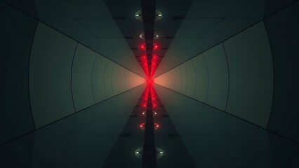 Infinite mirror corridor with ominous red warning lights flashing at the vanishing point.