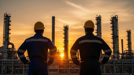 Workers watch refinery sunset, envisioning industrial progress