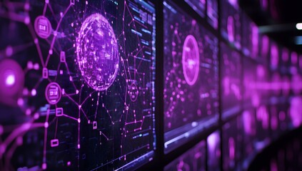 A close-up of multiple digital screens displaying graphs and data, with glowing purple accents in the background. The focus is on an AI-based stock 