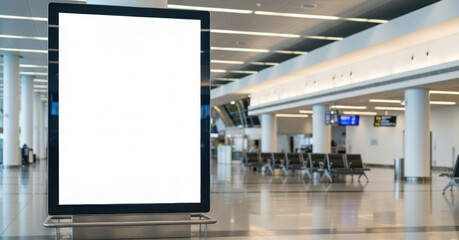 Blank advertising billboard mockup in modern airport terminal for travel marketing campaign
