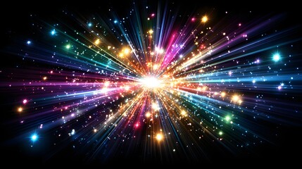 Fototapeta premium A vibrant burst of radiating colorful light rays explodes outward against a dark background, showcasing a multitude of sparkling points.