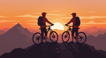 Fototapeta premium Mountain Biking Silhouette at Sunset: Two mountain bikers stand silhouetted against a breathtaking sunset vista, evoking a sense of adventure, camaraderie, and the allure of exploration.
