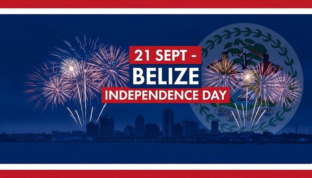 Belize Independence Day celebration on September 21, featuring fireworks and the city skyline at night. - Powered by Adobe