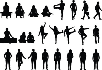 Obraz premium Silhouettes of People Standing, Walking, Sitting, Stretching, Meditating, and Dancing in Various Poses Isolated on White Background Vector Set