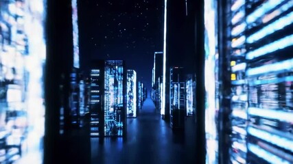 Futuristic digital landscape with illuminated server towers under a starry night sky - Powered by Adobe