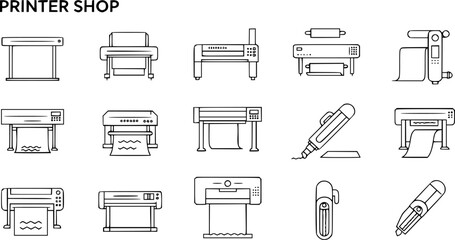 Printer line icon set. Large format printing, plotter, scanner, cutting machine minimal vector illustrations. Simple outline signs for printshop. Editable ..