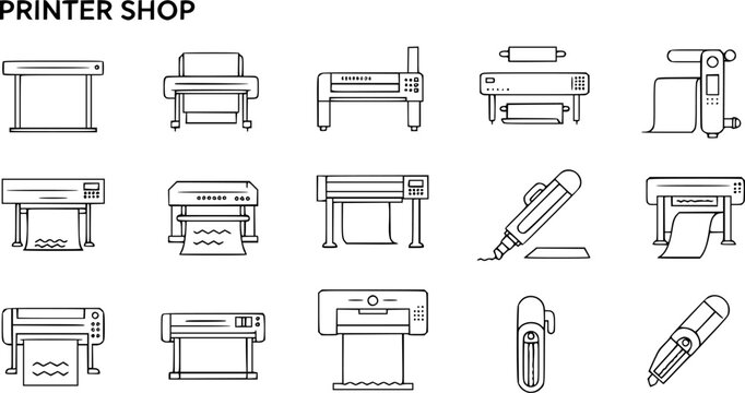 Printer line icon set. Large format printing, plotter, scanner, cutting machine minimal vector illustrations. Simple outline signs for printshop. Editable ..