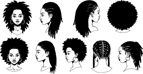 Set of female afro hairstyles. Collection of dreads and afro braids for a girl. Black and white illustration for a hairdrymaker.
