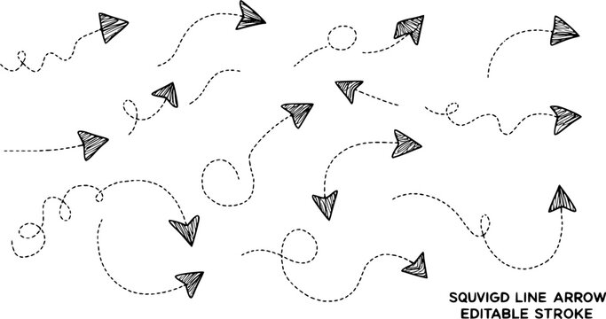 Set of squiggle line dashed arrows. Dash curved vector editable stroke arrows
