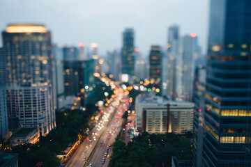 Fototapeta premium City skyline at dusk with glowing lights and busy streets