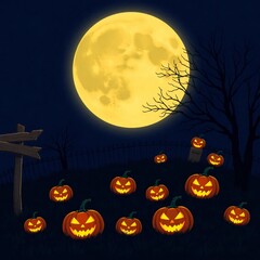 Spooky halloween pumpkins glowing under a giant full moon on a dark night