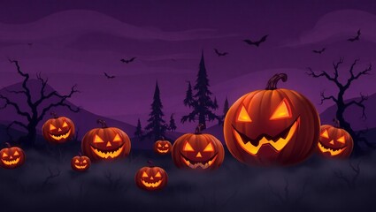 Spooky halloween night with glowing jack o lanterns and silhouetted trees